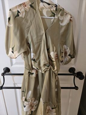 ZARA Olive Green Floral Wrap Dress with White Lilies